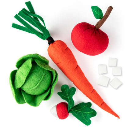 Plüschleckerlis – Karotte, Kohl, Apfel, Radieschen und Zuckerwürfel